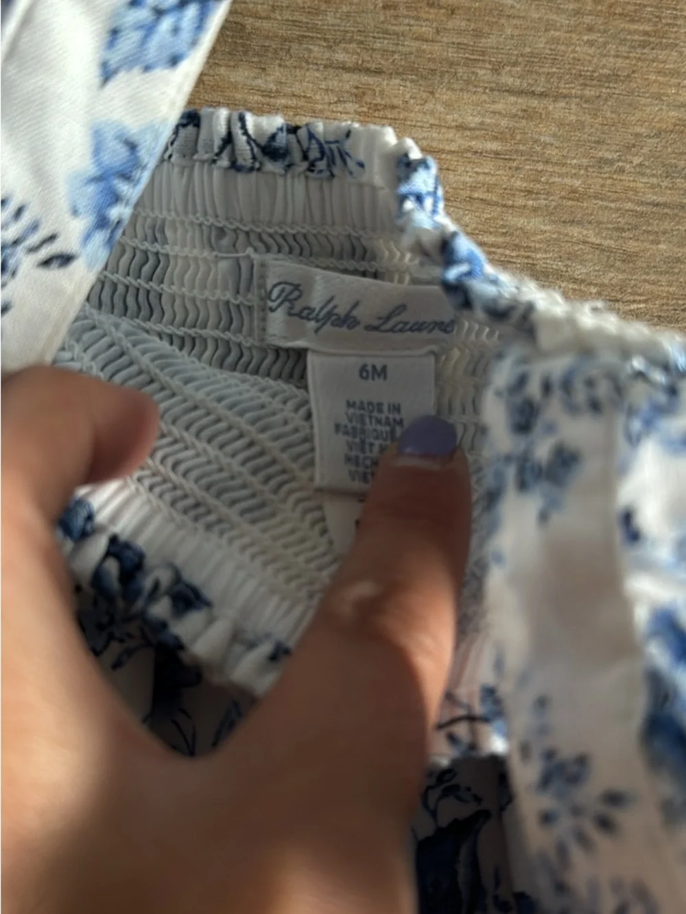 Ralph Lauren Classic Blue Floral Smocked Baby Romper with hat- White & Blue